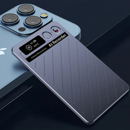 Smartphone with AI Keovy Voice Recorder app interface on a dark background
