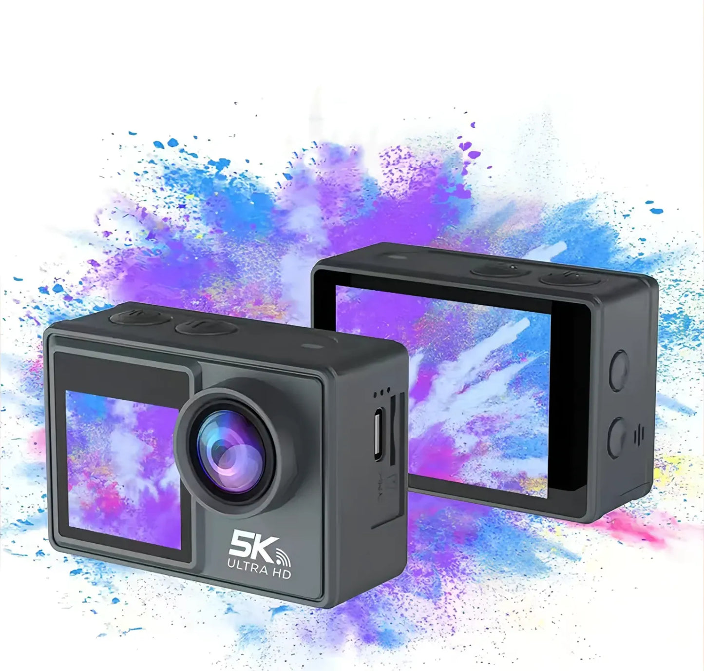 Keswo Action Camera with screen on a colorful abstract background