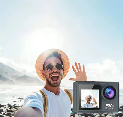 Man taking a selfie with a 5K Ultra HD Keswo Action Camera on a beach