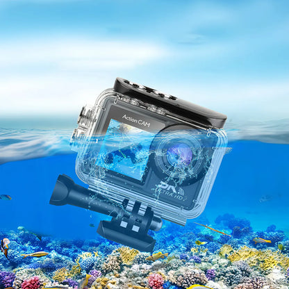 Keswo Action Camera with underwater housing on a coral reef background