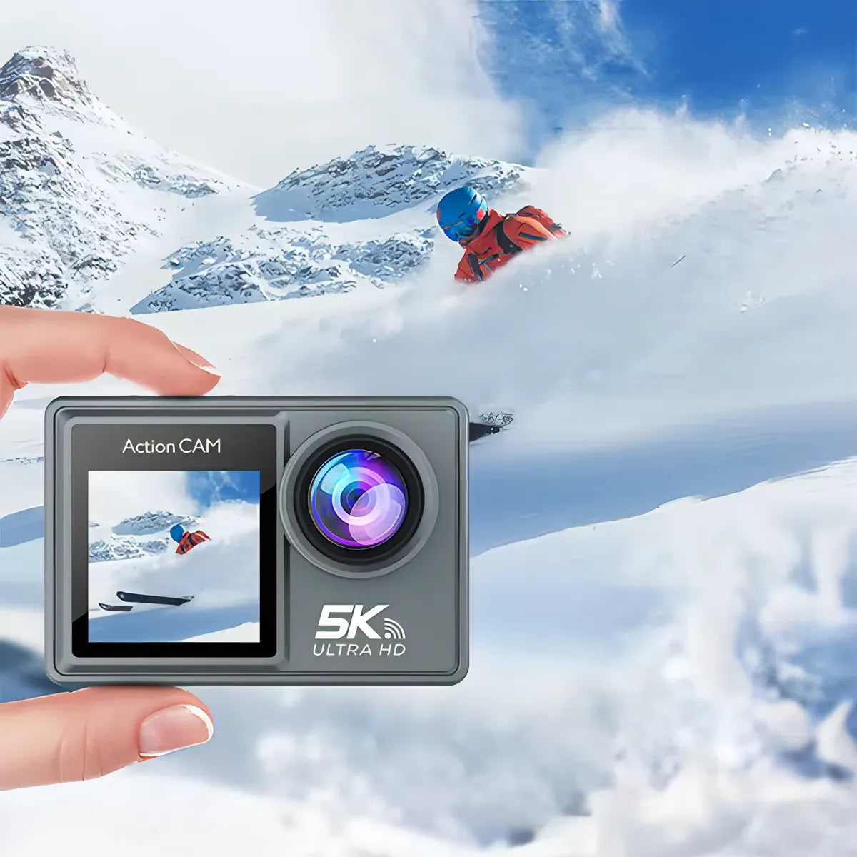 Keswo Action Camera held in front of a snowy mountain landscape