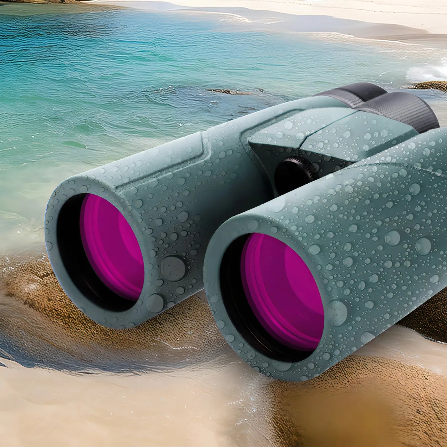 Keswo Binoculars with pink lenses on a beach
