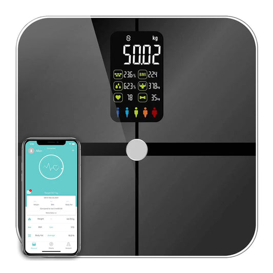 KiloGridi Smart Scale with digital display and smartphone app interface on a white background