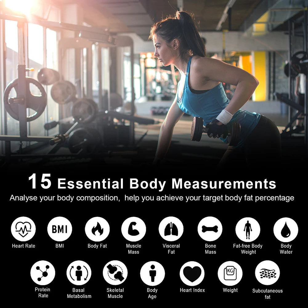A woman in a gym wearing a blue sports bra and black leggings, holding a dumbbell, with text below reading '15 Essential Body Measurements' and icons for body composition metrics.