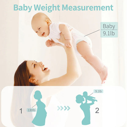 A baby weight measurement infographic showing a smiling woman holding a baby in the air, with text indicating the baby weighs 9.1 lb.