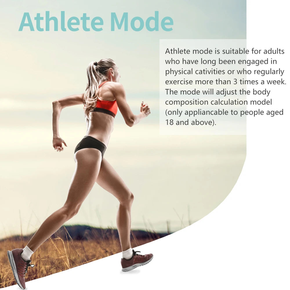 Woman running with text about 'Athlete Mode' on a blurred natural background