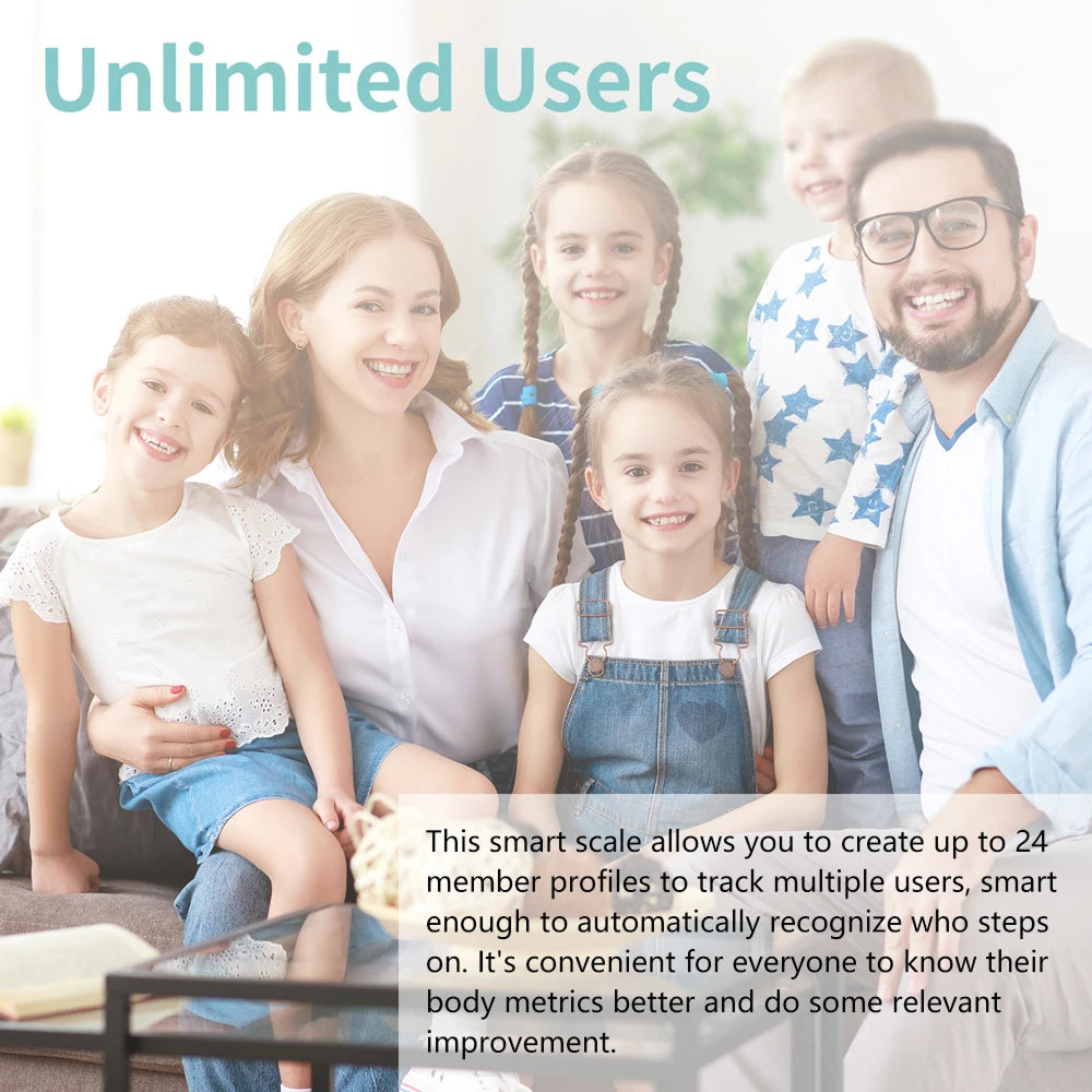 Family of six sitting together with text about a smart scale on a white background