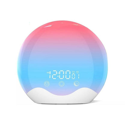Round smart home Kixiwake Sunrise Alarm Clock with colorful gradient and digital display on a white background