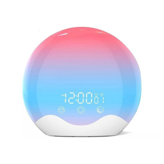 Round smart home Kixiwake Sunrise Alarm Clock with colorful gradient and digital display on a white background