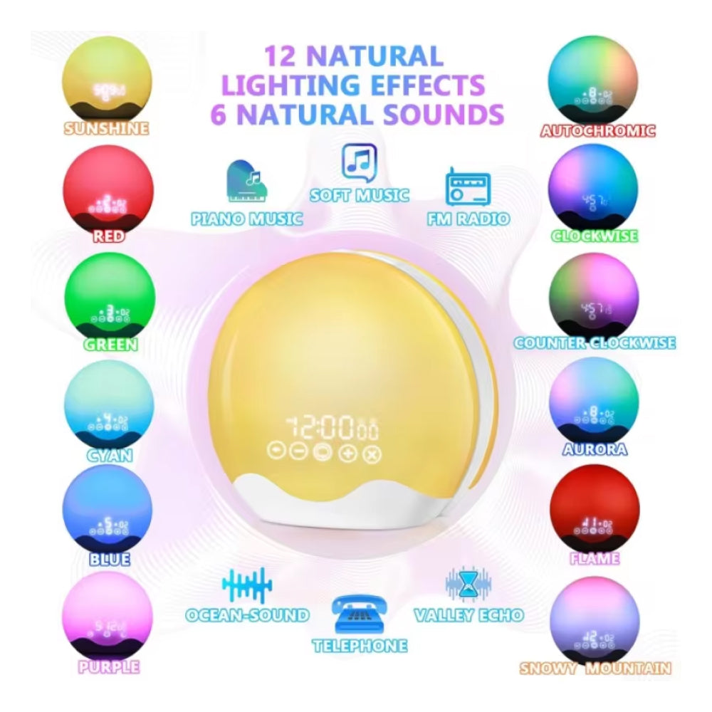 Kixiwake Sunrise Alarm Clock with 12 natural lighting effects and 6 natural sounds on a white background.