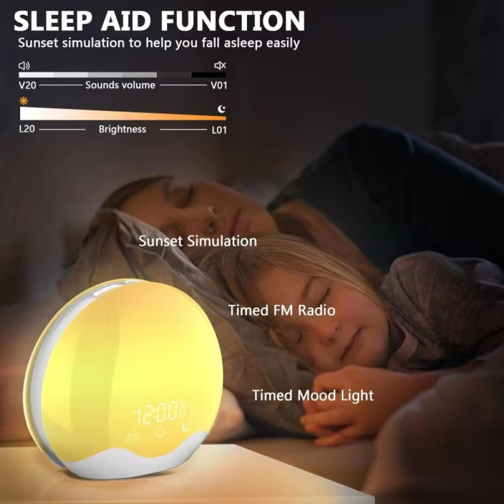 Kixiwake Sunrise Alarm Clock aid device with sunset simulation, timed FM radio, and mood light features, used by a person lying down.
