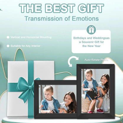 Two black Klarity Digital Photo Frame with children's pictures on a light blue background with text about the best gift.