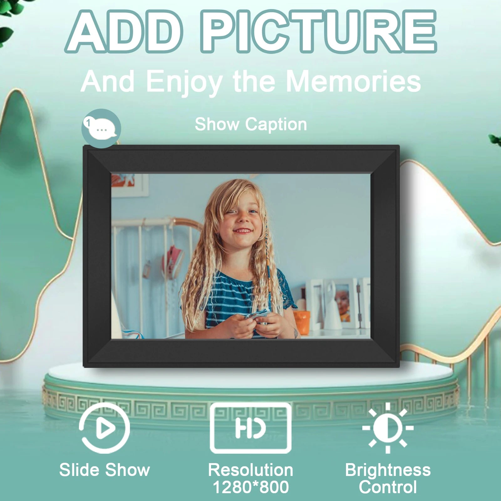 Klarity Digital Photo Frame displaying a child's picture with features highlighted on a teal background.