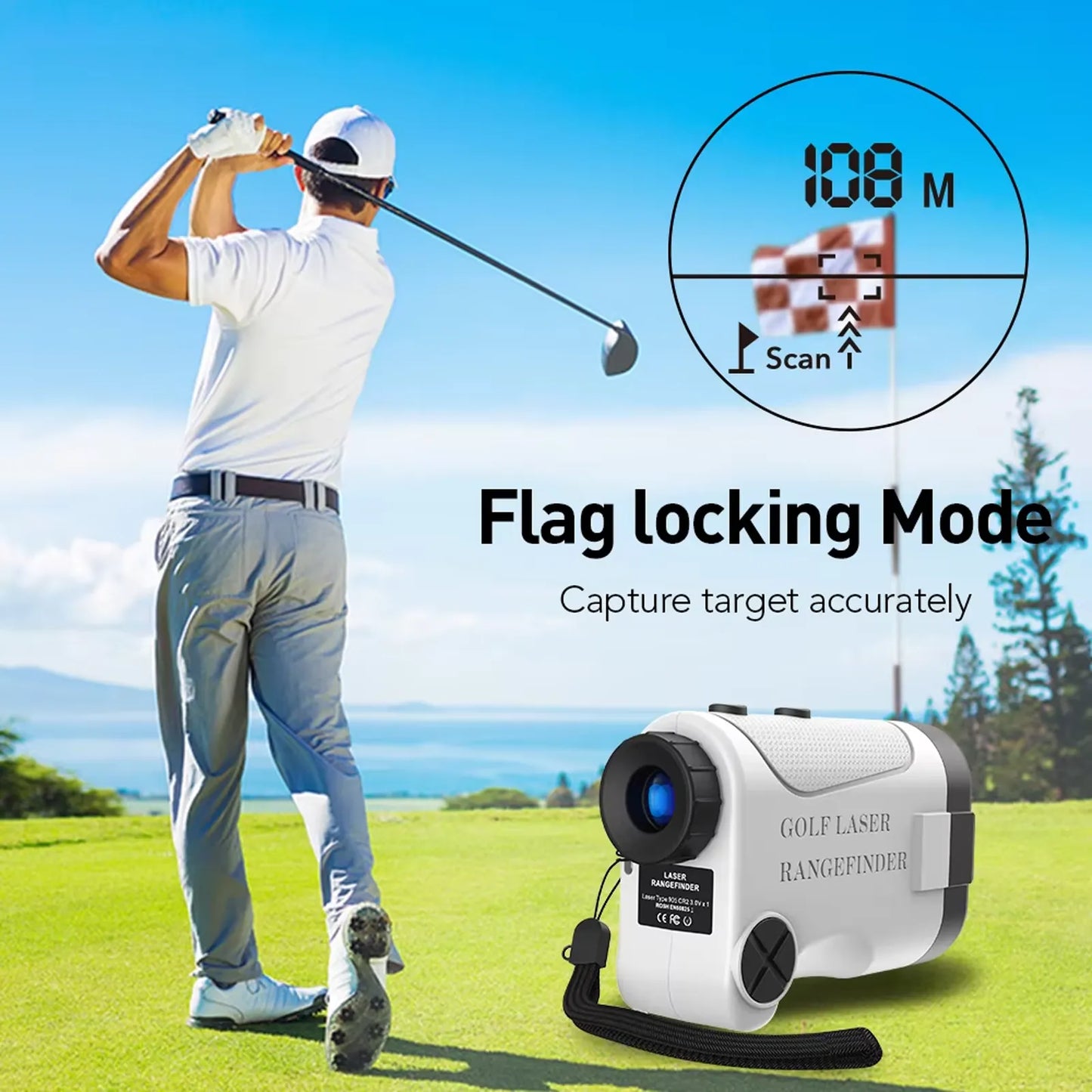 Golf player on a course with a golf Klarity Golf Rangefinder displaying distance.