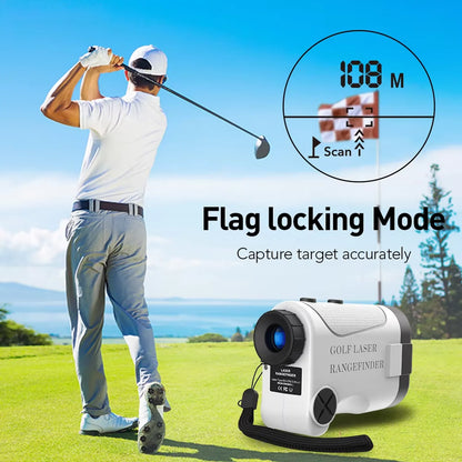 Golf player on a course with a golf Klarity Golf Rangefinder displaying distance.