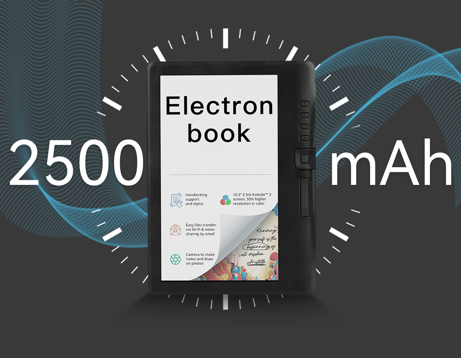 Electronic Klarity Portable Ebook Readers device with 2500 mAh battery capacity on a dark background