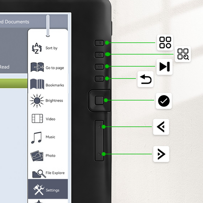 Klarity Portable Ebook Readers with control buttons and icons on a white background