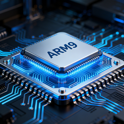 Close-up of an ARM9 microprocessor on a circuit board with blue lighting.