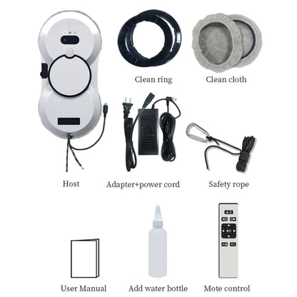 List of KleerMate Smart Cleaning Robot components including host, adapter, power cord, safety rope, user manual, add water bottle, and remote control on a white background.
