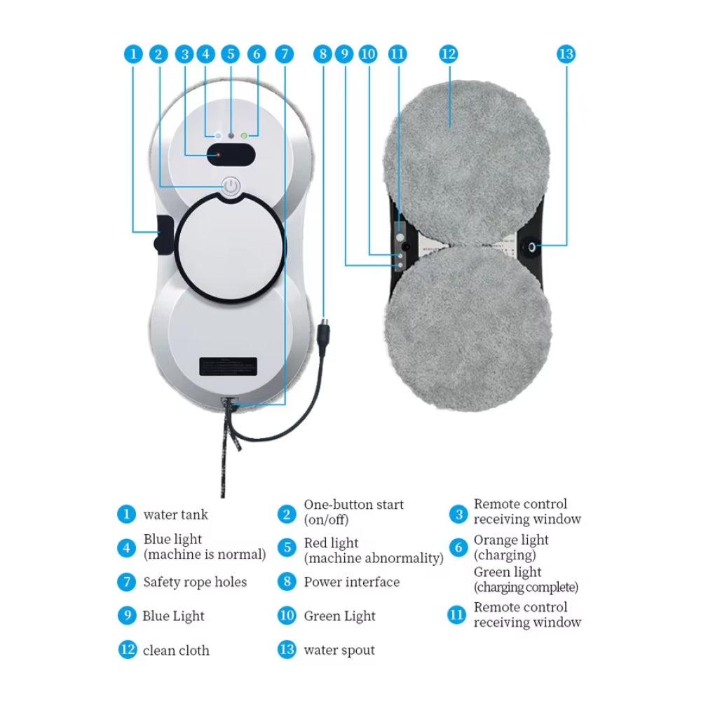 Diagram of a KleerMate Smart Cleaning Robot with labeled parts on a white background