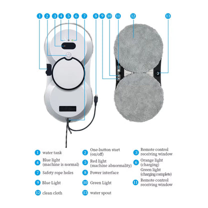 Diagram of a KleerMate Smart Cleaning Robot with labeled parts on a white background