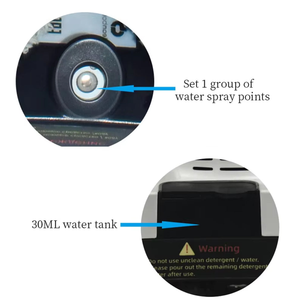 Close-up of a KleerMate Smart Cleaning Robot with water spray points and water tank capacity labeled.
