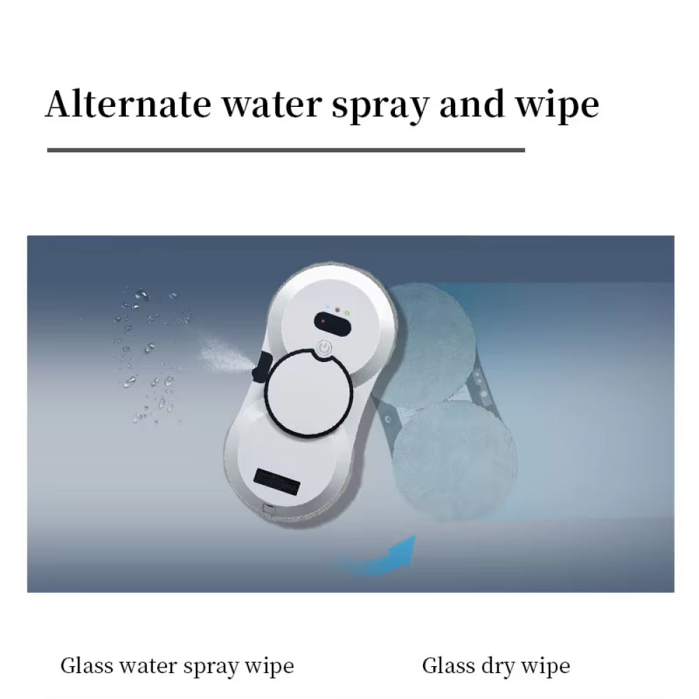 Glass KleerMate Smart Cleaning Robot with water spray and dry wipe functions on a blue background.