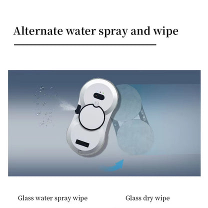 Glass KleerMate Smart Cleaning Robot with water spray and dry wipe functions on a blue background.