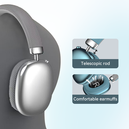 Close-up of a Klynn Noise Cancelling Headphones with telescopic rod and comfortable earmuffs on a light blue background