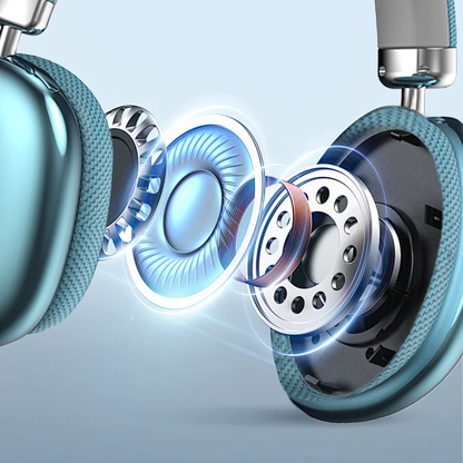 Close-up of a pair of turquoise Klynn Noise Cancelling Headphones with a focus on the inner workings.