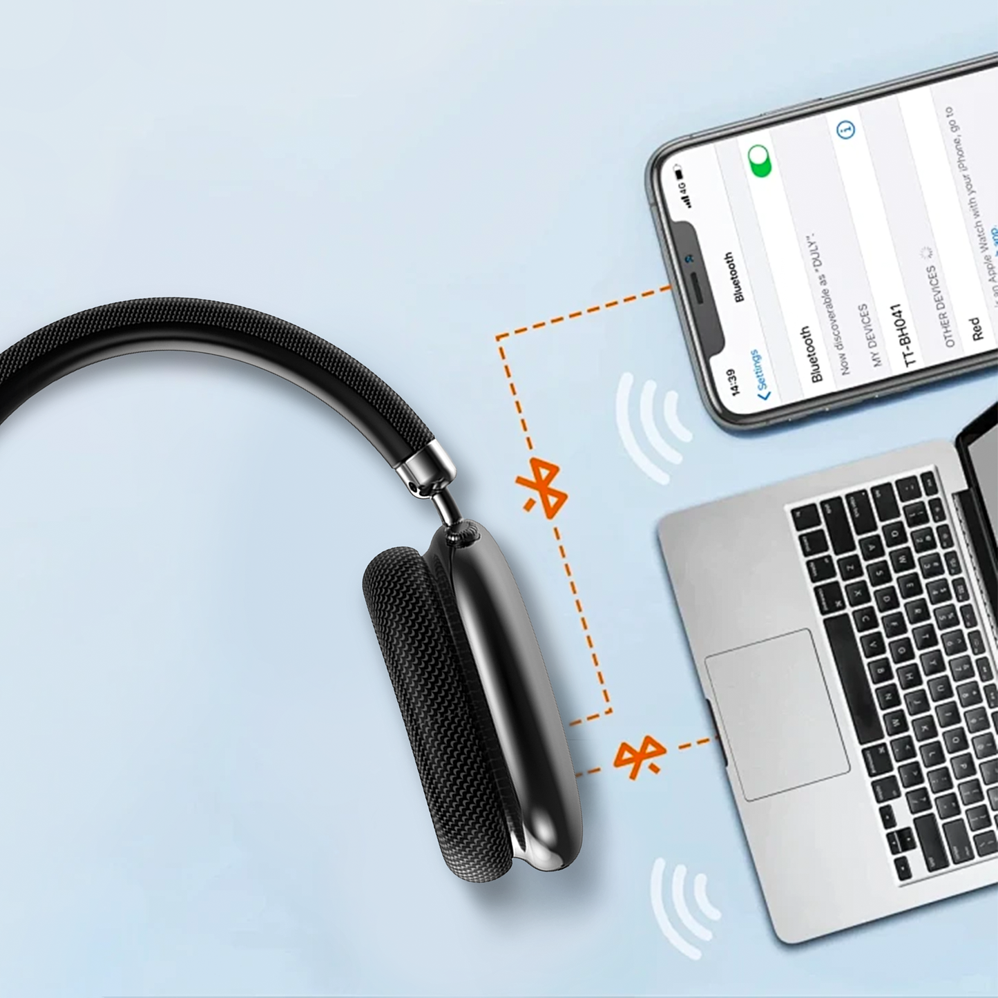 Bluetooth Klynn Noise Cancelling Headphones with smartphone and laptop on a light blue background