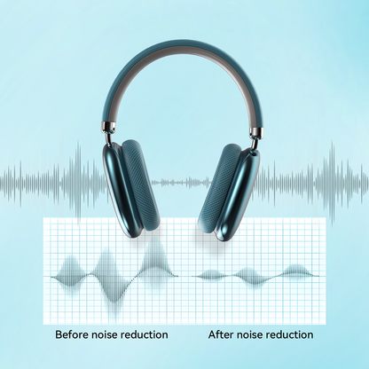 Klynn Noise Cancelling Headphones with sound wave graphics showing noise reduction before and after on a light blue background