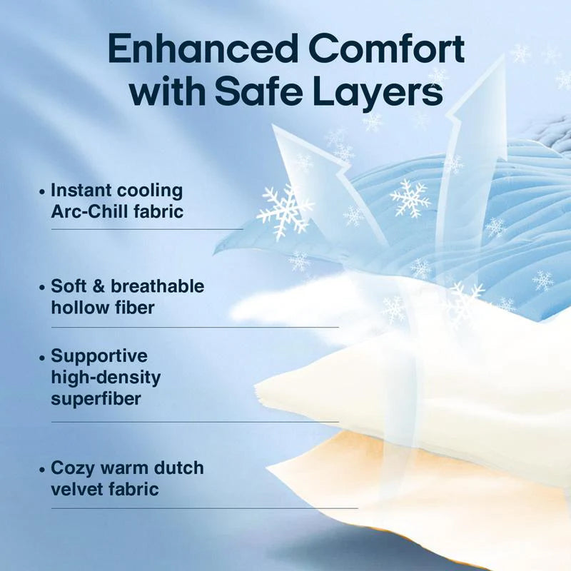Text detailing fabric properties with a close-up of fabric texture on a blue background