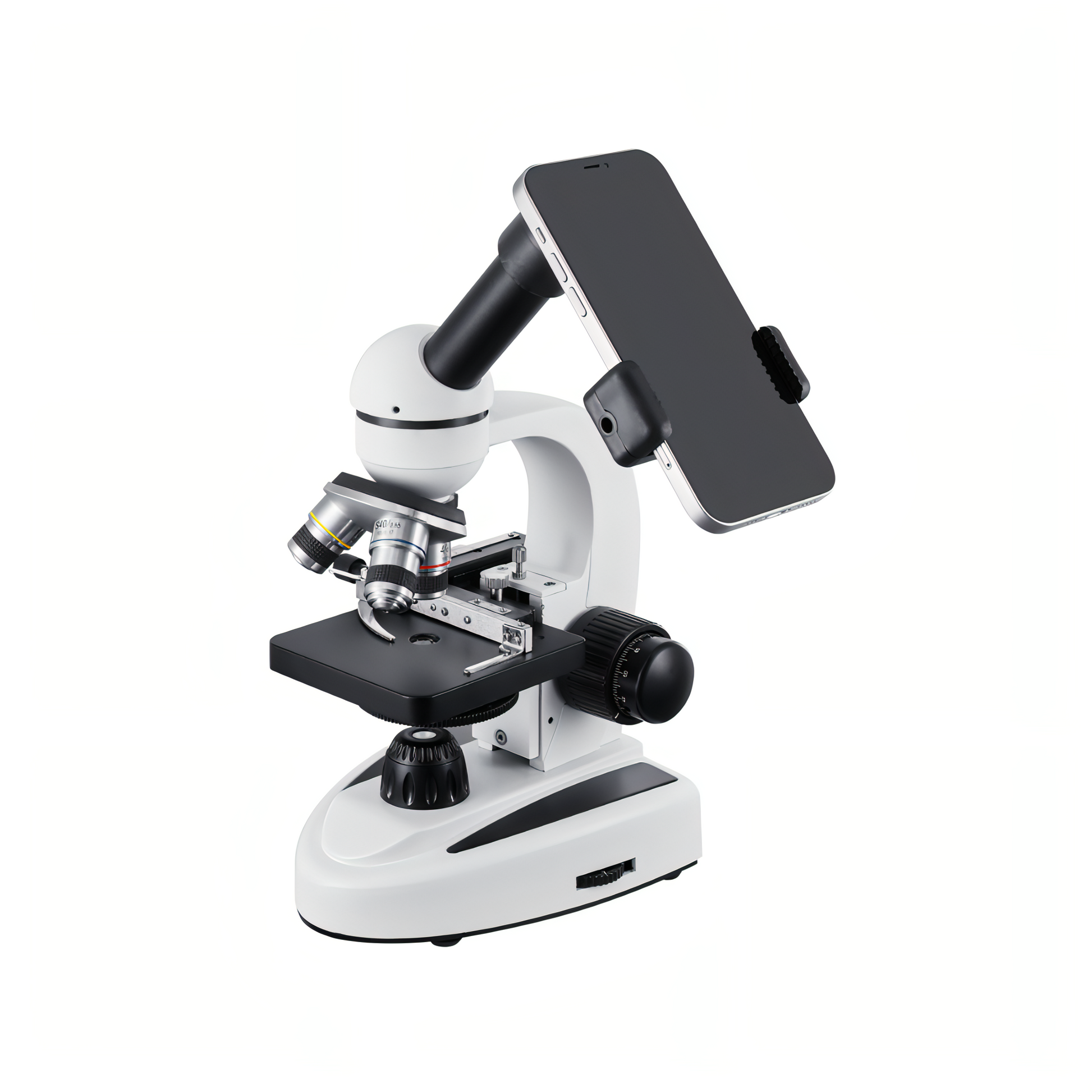 Korons Microscope with smartphone attachment on a white background