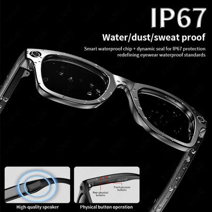 Waterproof Korons Smart Glasses with text highlighting IP67 protection on a black background