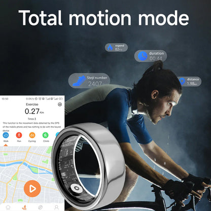 Korons Smart Ring with fitness app interface displayed, person exercising in the background