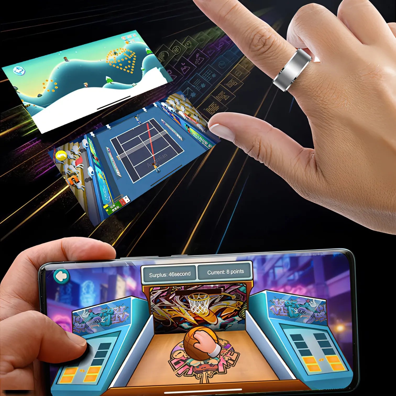 Hand holding a Korons Smart Ring with a game displayed, showing a futuristic interface.