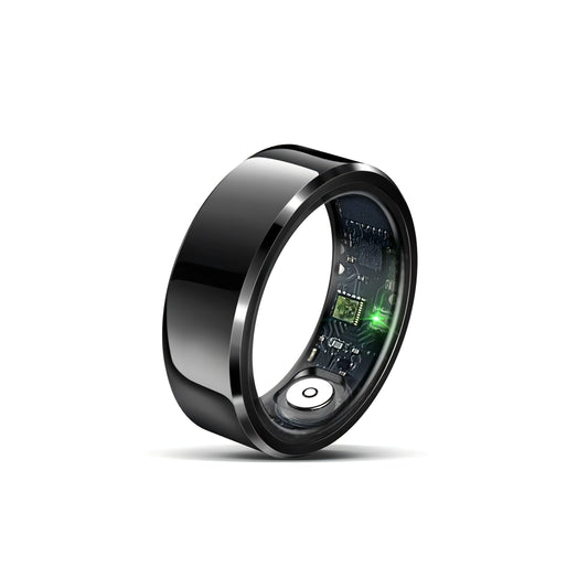 Black Korons Smart Ring with electronic components on a white background