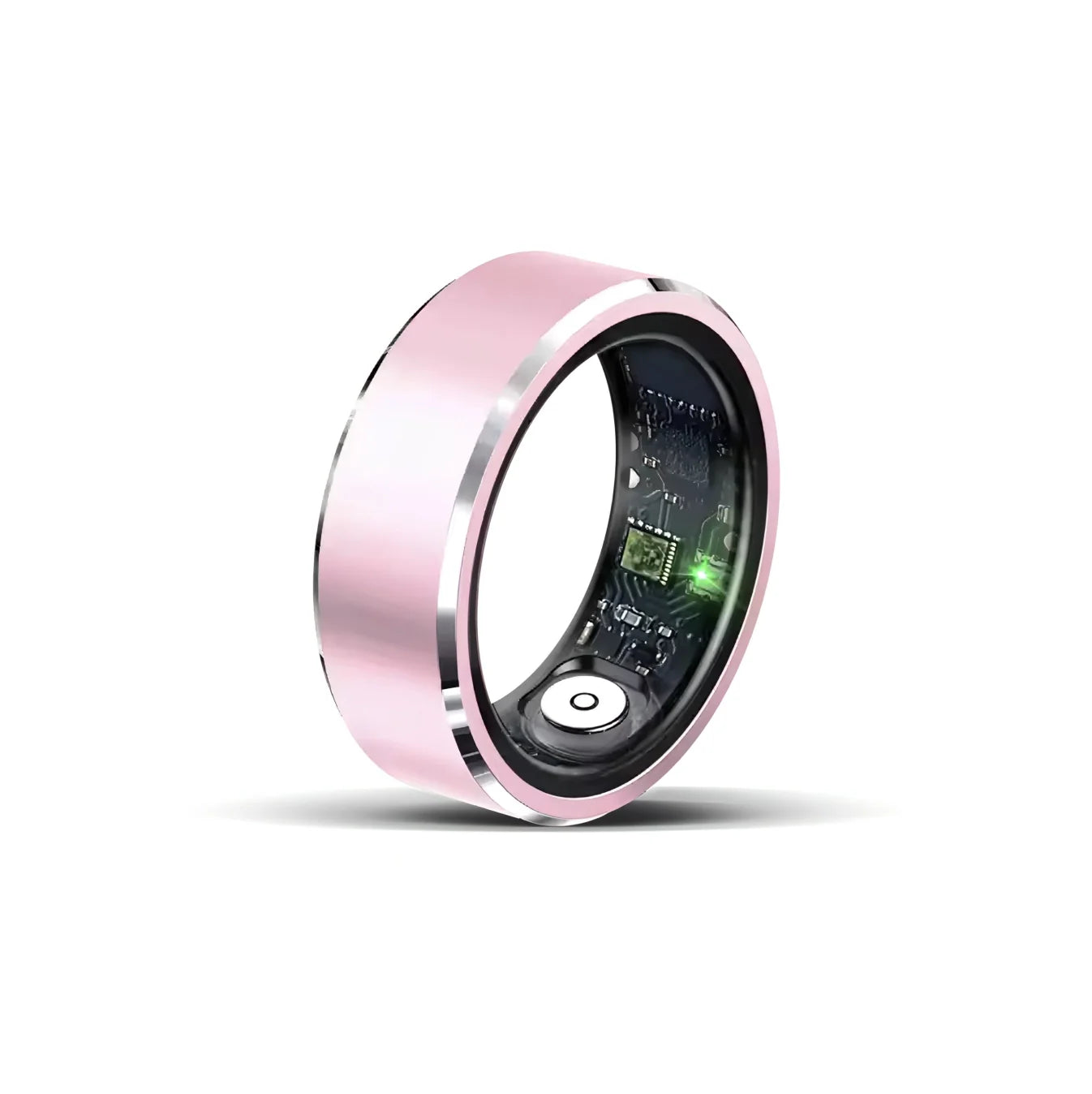 Pink Korons Smart Ring with electronic components on a white background