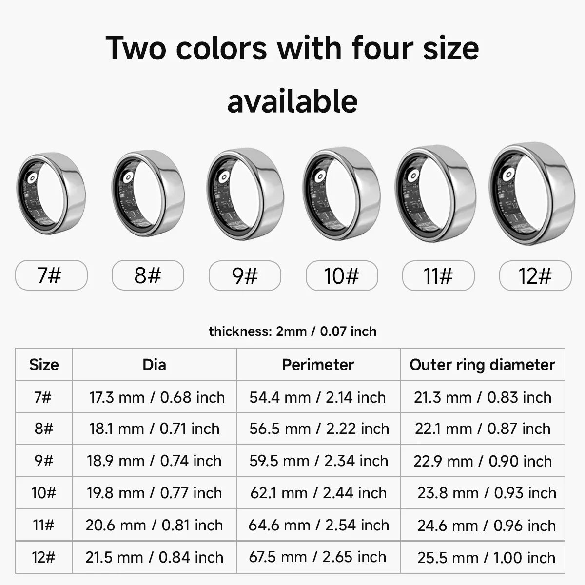 Set of Korons Smart Ring silver with size chart on a white background