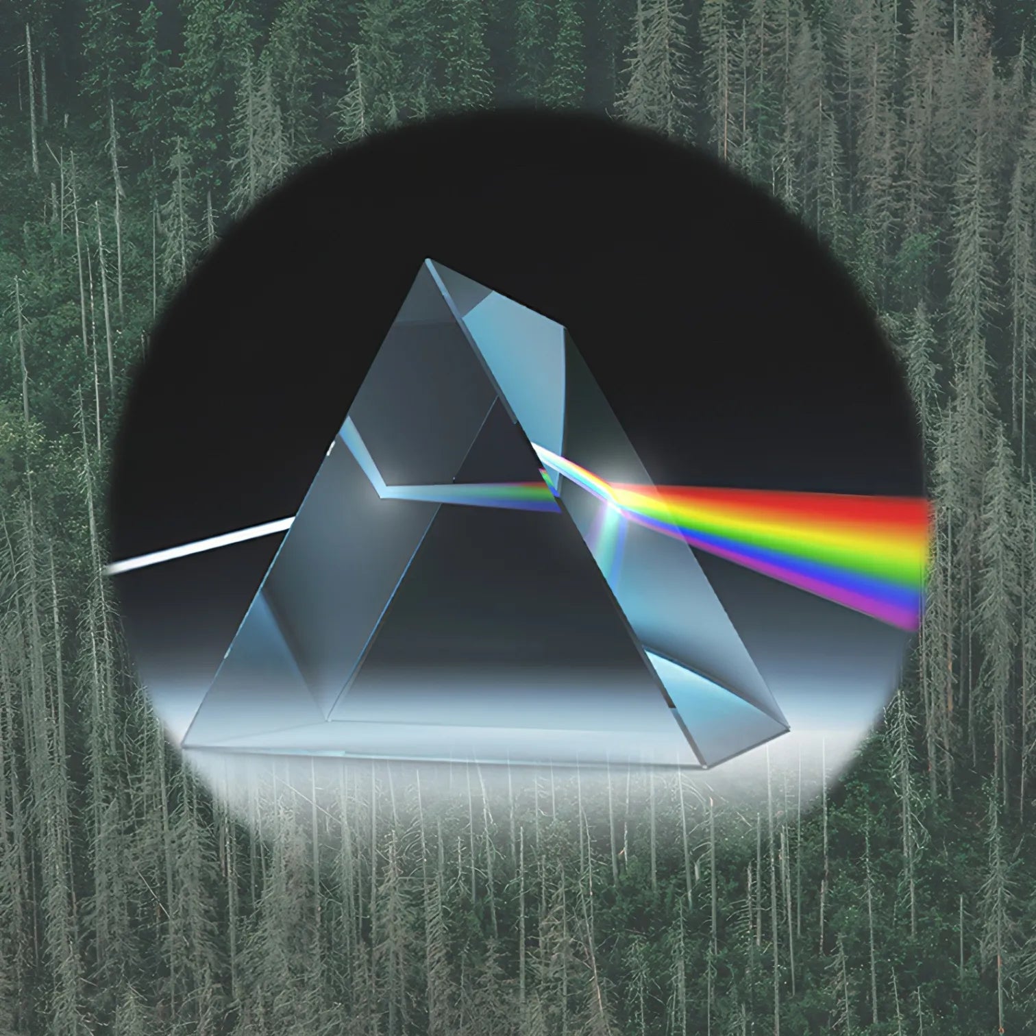 Album cover with a prism and rainbow against a forest background