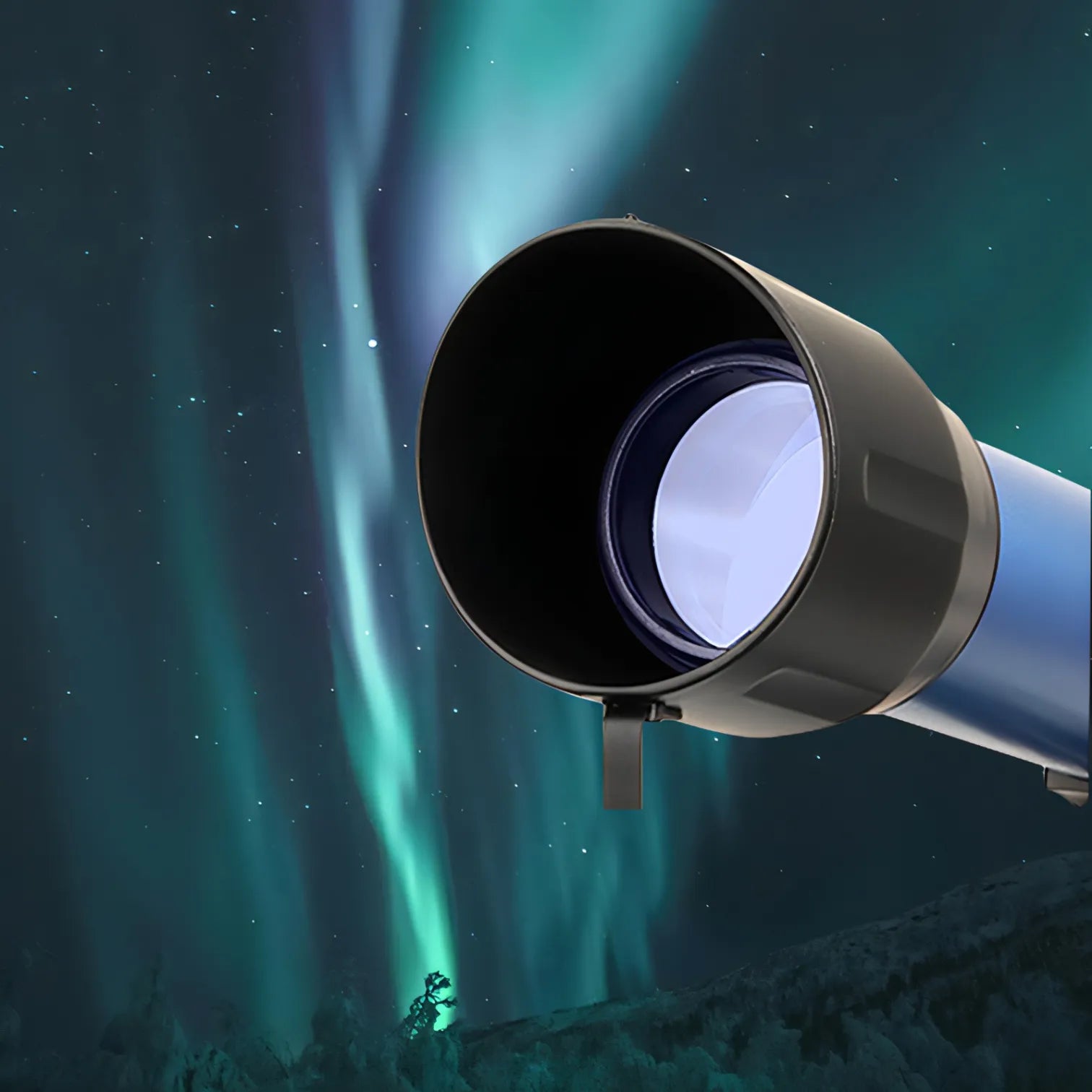 korons Telescope pointing towards the Northern Lights against a starry night sky