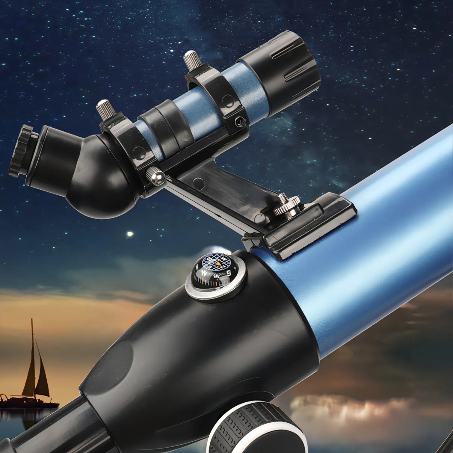korons Telescope with a starry night sky and sailboat background