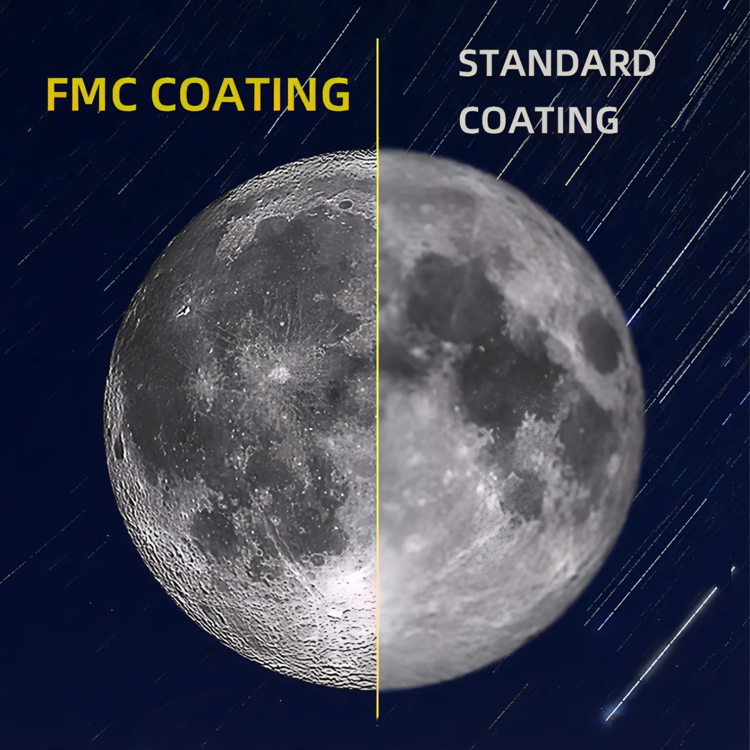 Comparison of FMC coating and standard coating on a moon-like surface with star trails in the background.