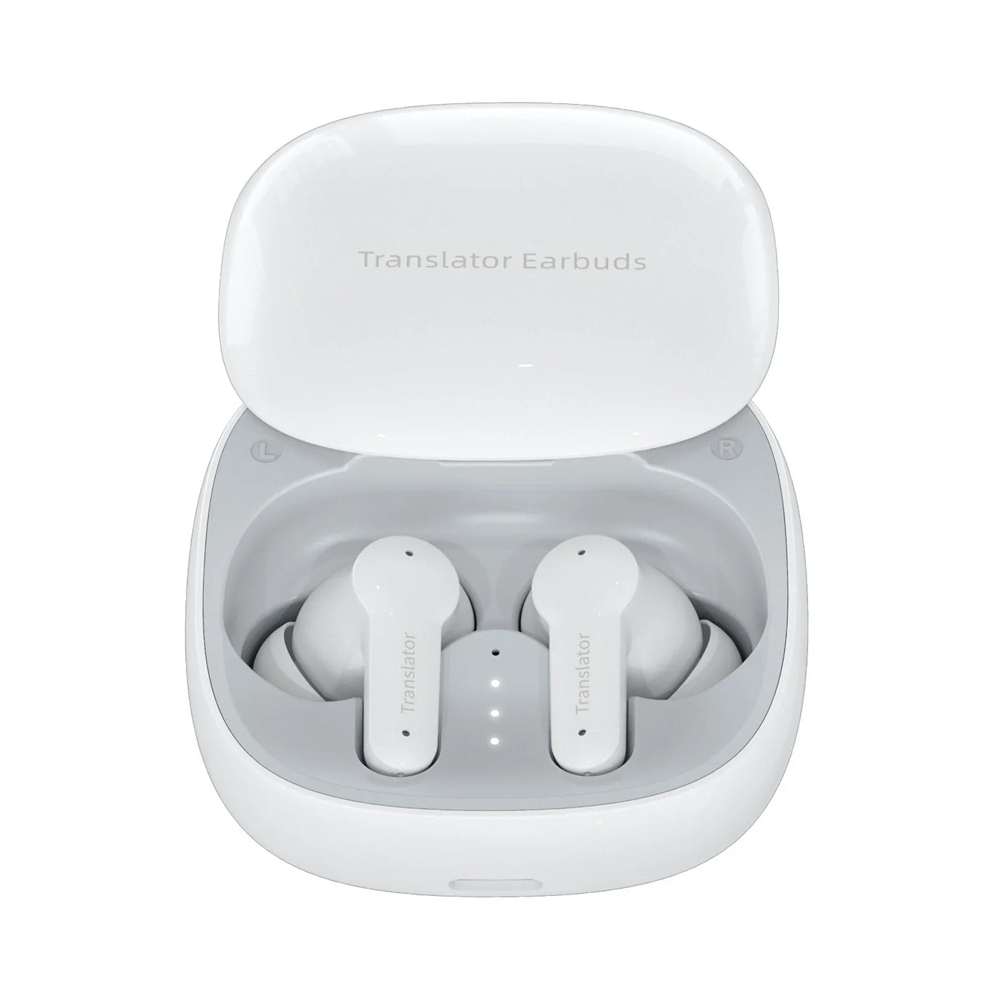 White Korons Translator Earbuds in a charging case on a white background