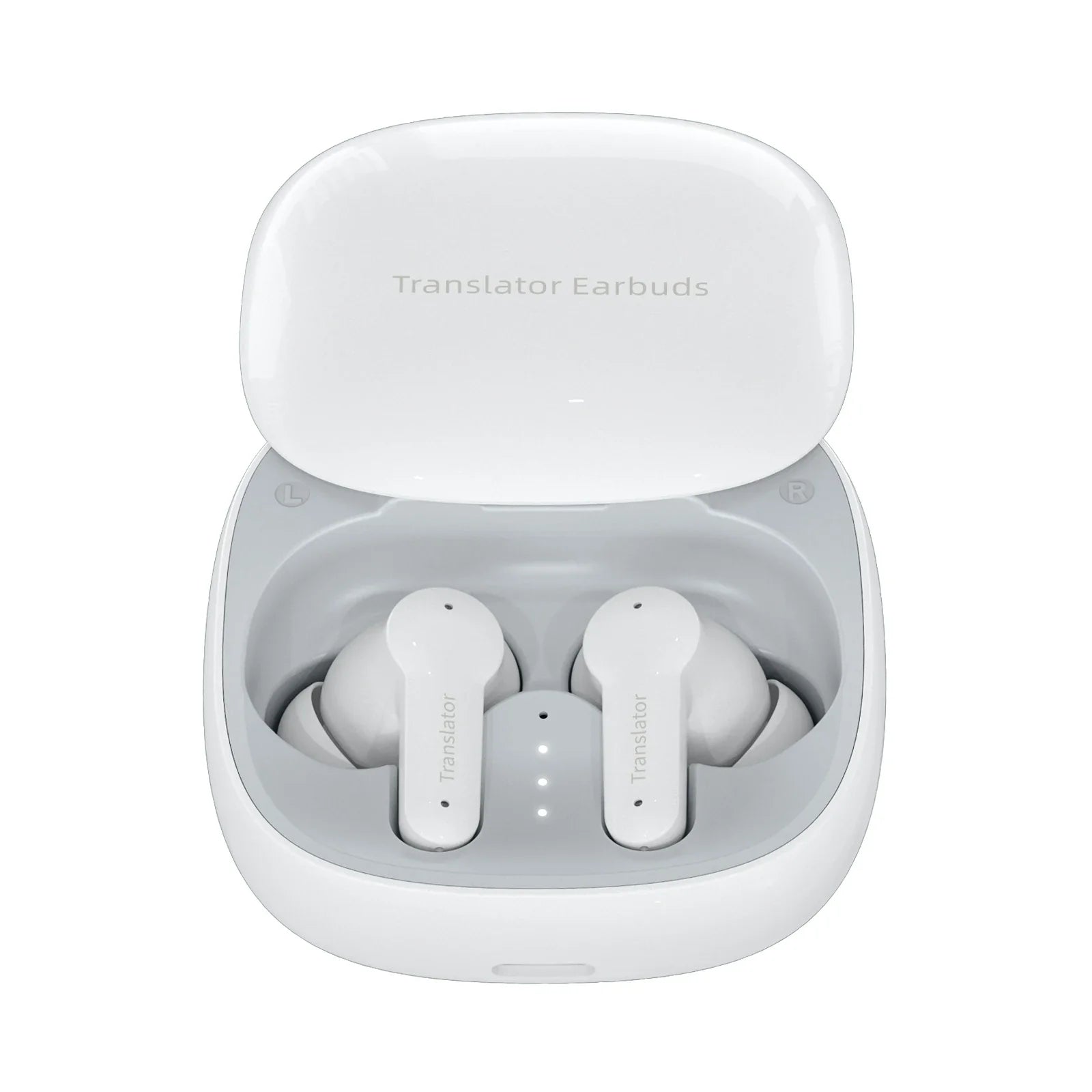 White Korons Translator Earbuds in a charging case on a white background