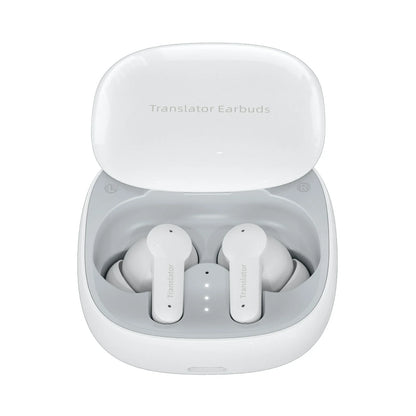 White Korons Translator Earbuds in a charging case on a white background