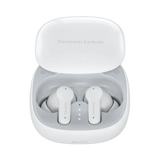 White Korons Translator Earbuds in a charging case on a white background