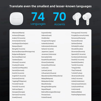 Text and Korons Translator Earbuds with language support information on a dark background