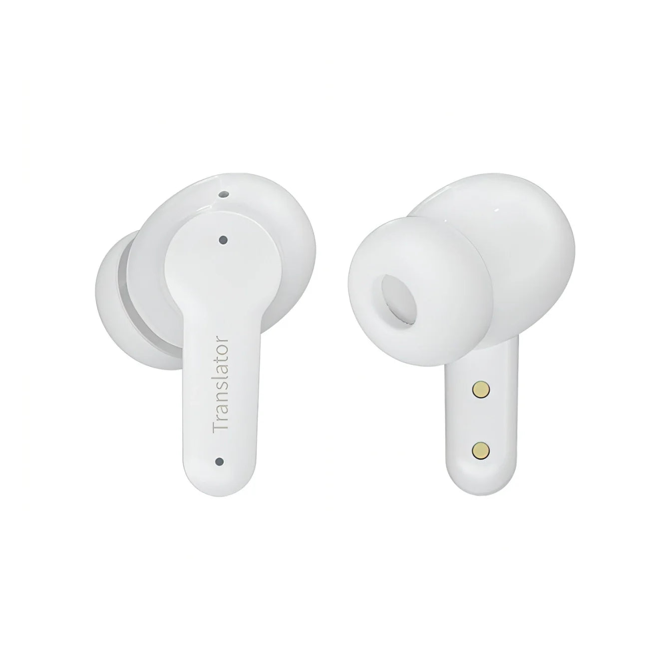 White Korons Translator Earbuds with 'Translator' branding on a white background